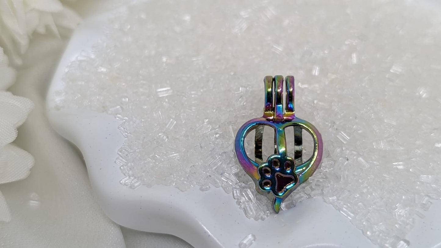 Rainbow heart paw print pearl cage pendant
