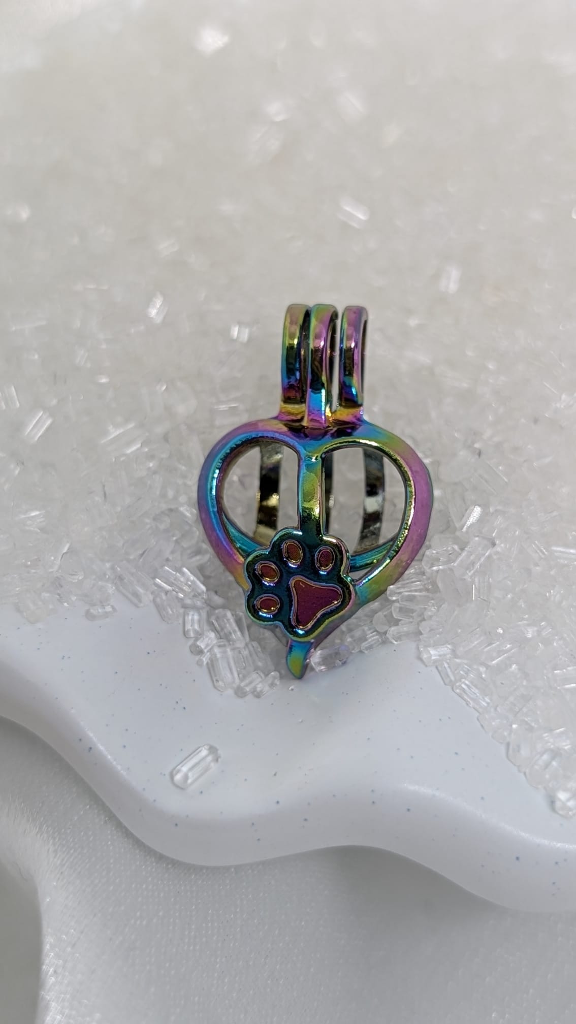 Rainbow heart paw print pearl cage pendant