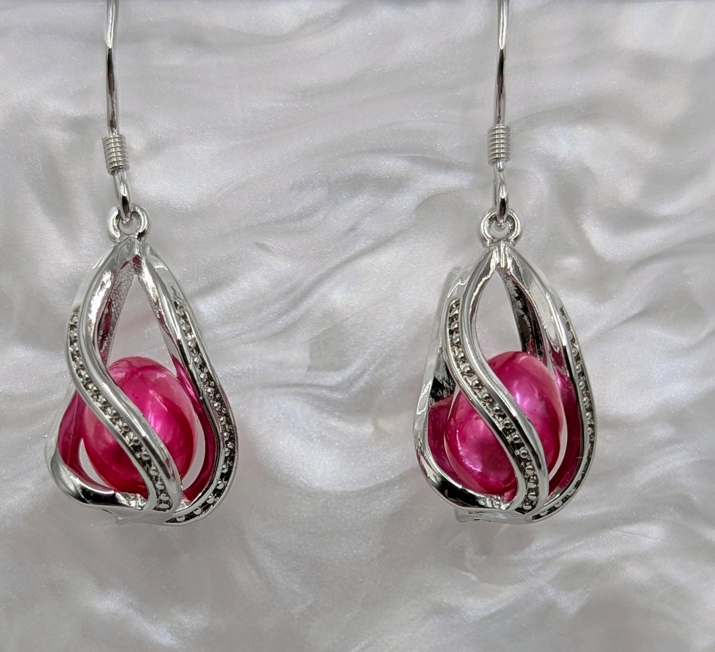 Sterling silver cage earrings with free pink twin pearls