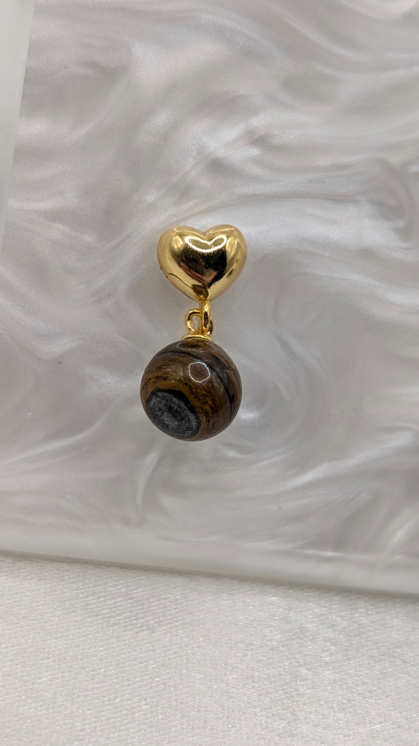 Gold heart drop earrings with genuine tigers eye gem ball