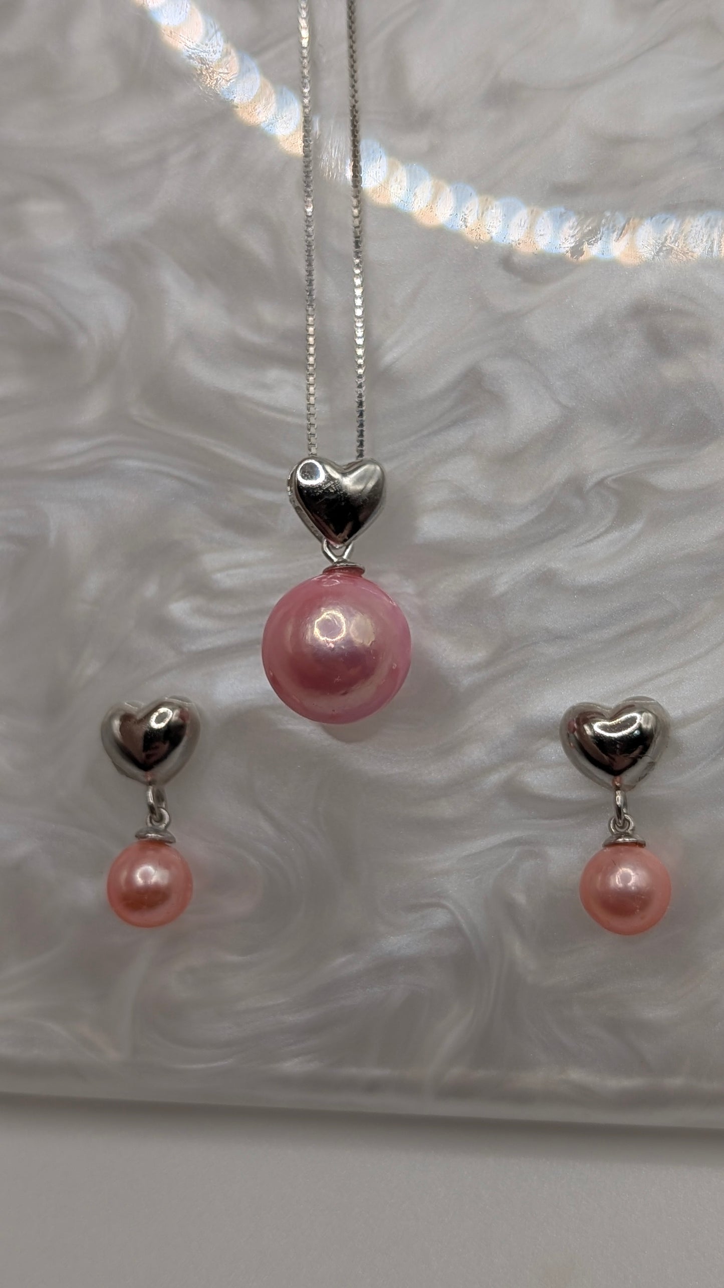 baby pink heart drop set, edison necklace and pearl earrings