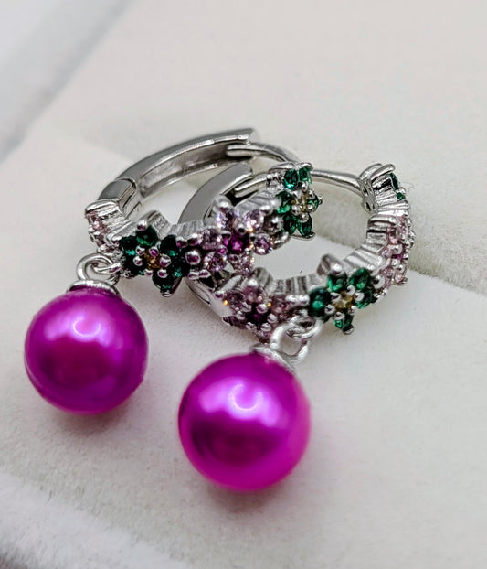 Green and pink flower huggy earrings with pink pearl dangle