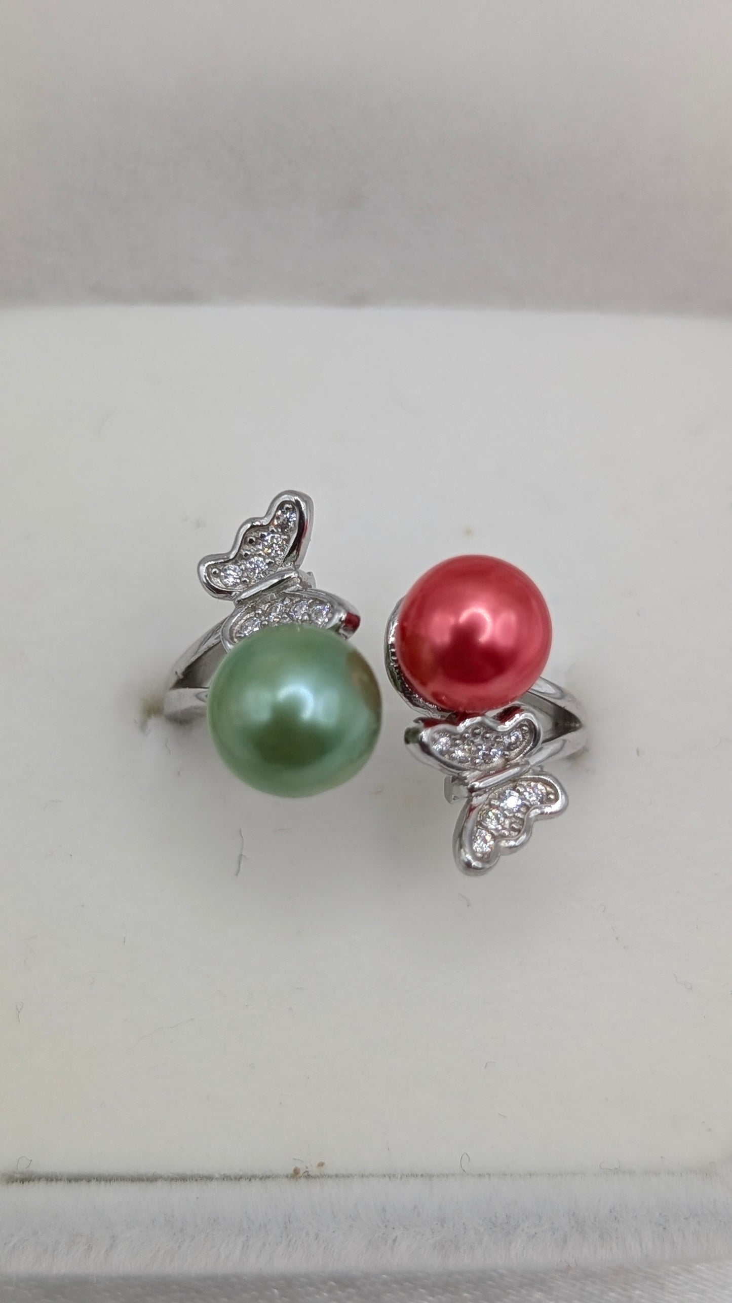 Green and deep coral double pearl butterfly ring