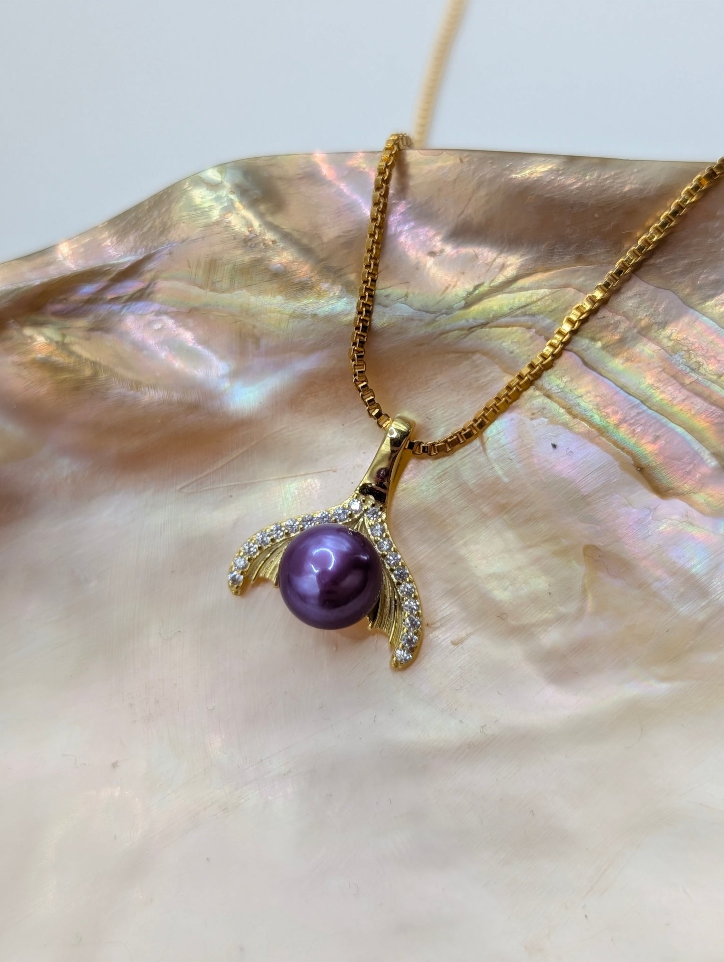 Gold mermaid tail ring and pendant set with matching purple pearls