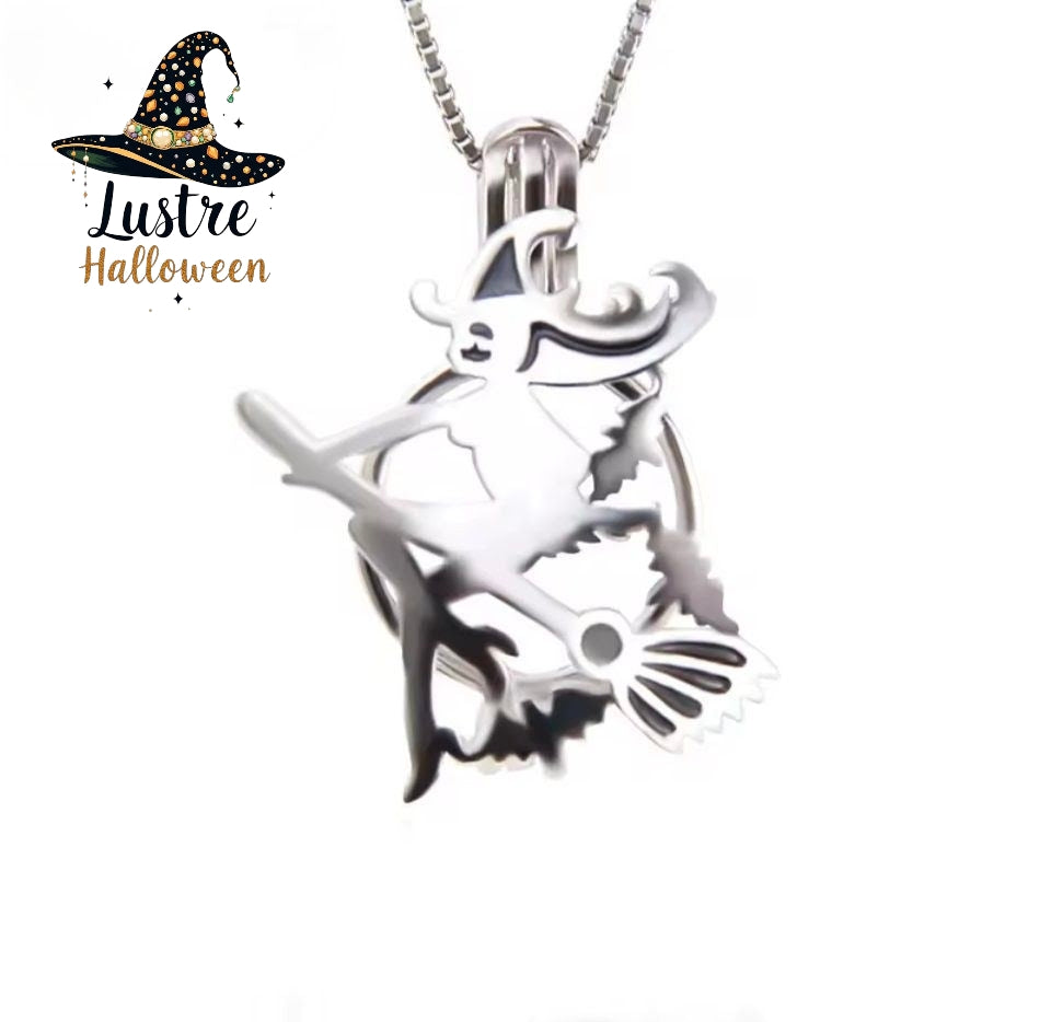 Witch on a broom cage pendant