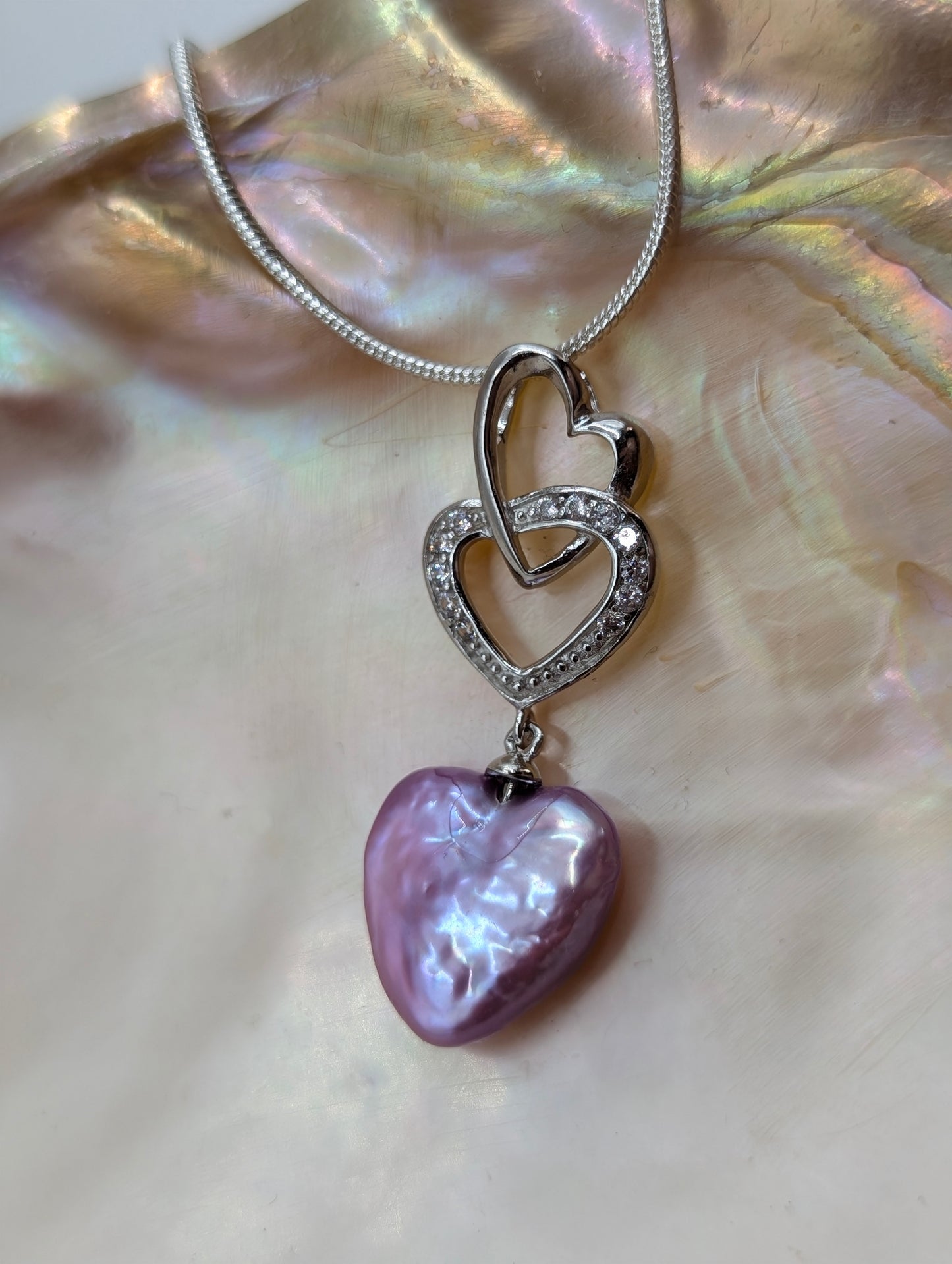 Pink heart pearl on double heart drop