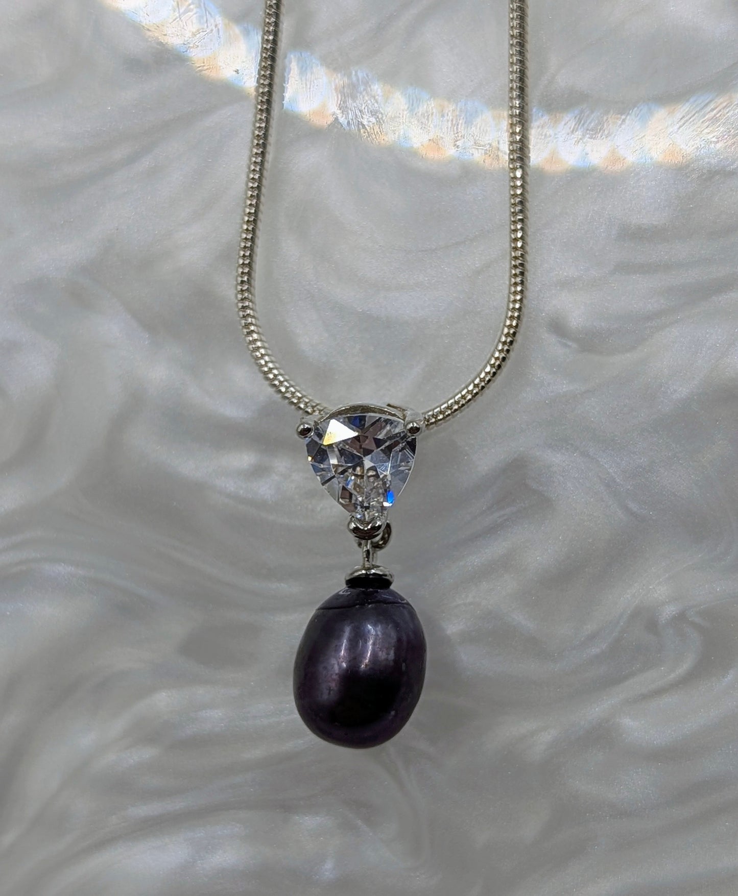 Smoky Aubergine pearl on Zirconia drop necklace