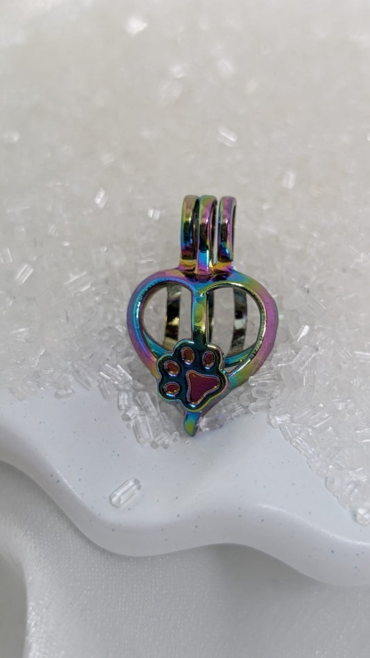 Rainbow heart paw print pearl cage pendant