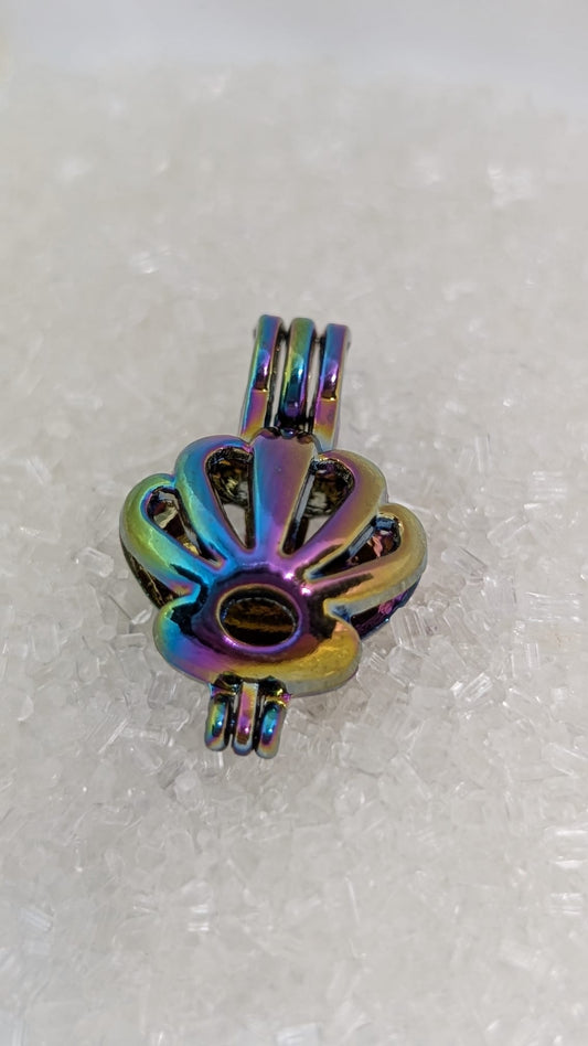Rainbow oyster shell pearl pendant cage