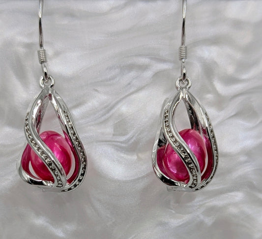 Sterling silver cage earrings with free pink twin pearls