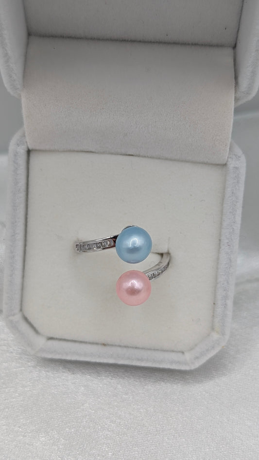 baby blue and baby pink double pearl ring