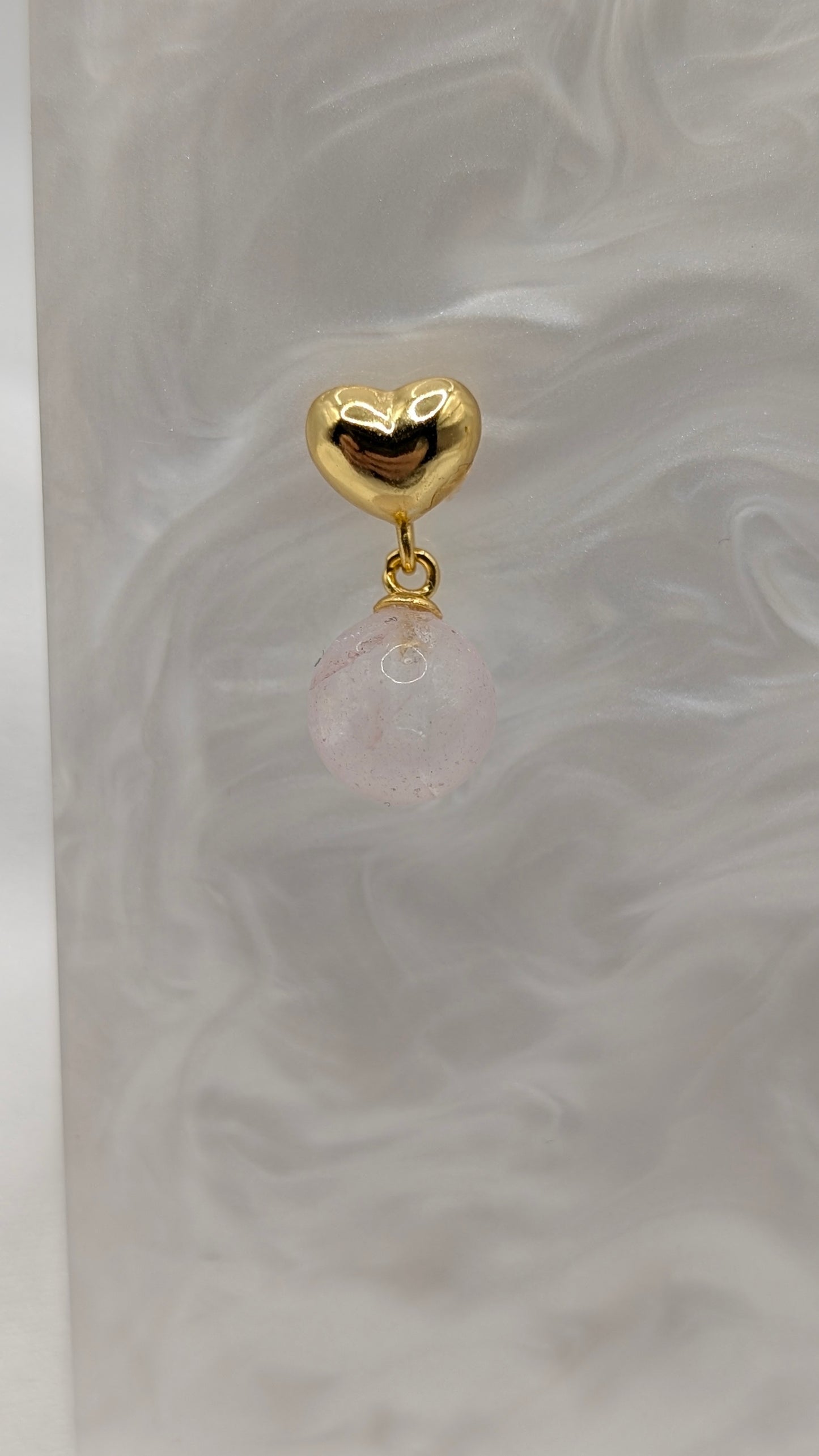 Gold heart dangle earrings with pink quartz gem balls