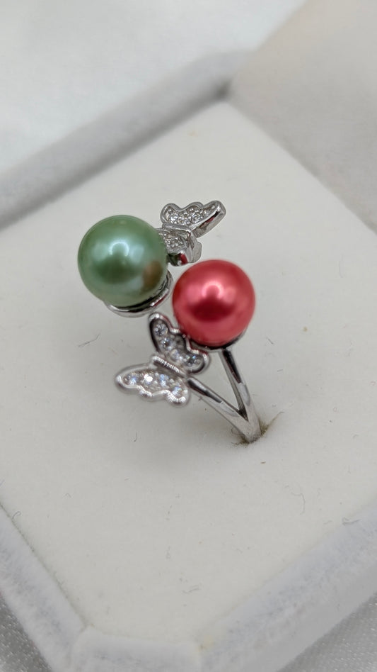 Green and deep coral double pearl butterfly ring