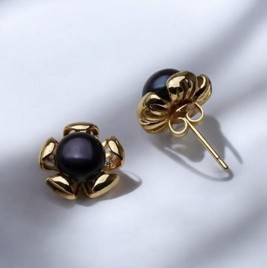 Dark Blue/black pearl gold peony earrings