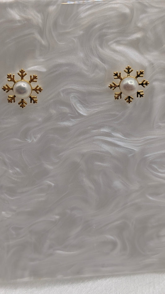 gold snowflake earrings with white button pearls