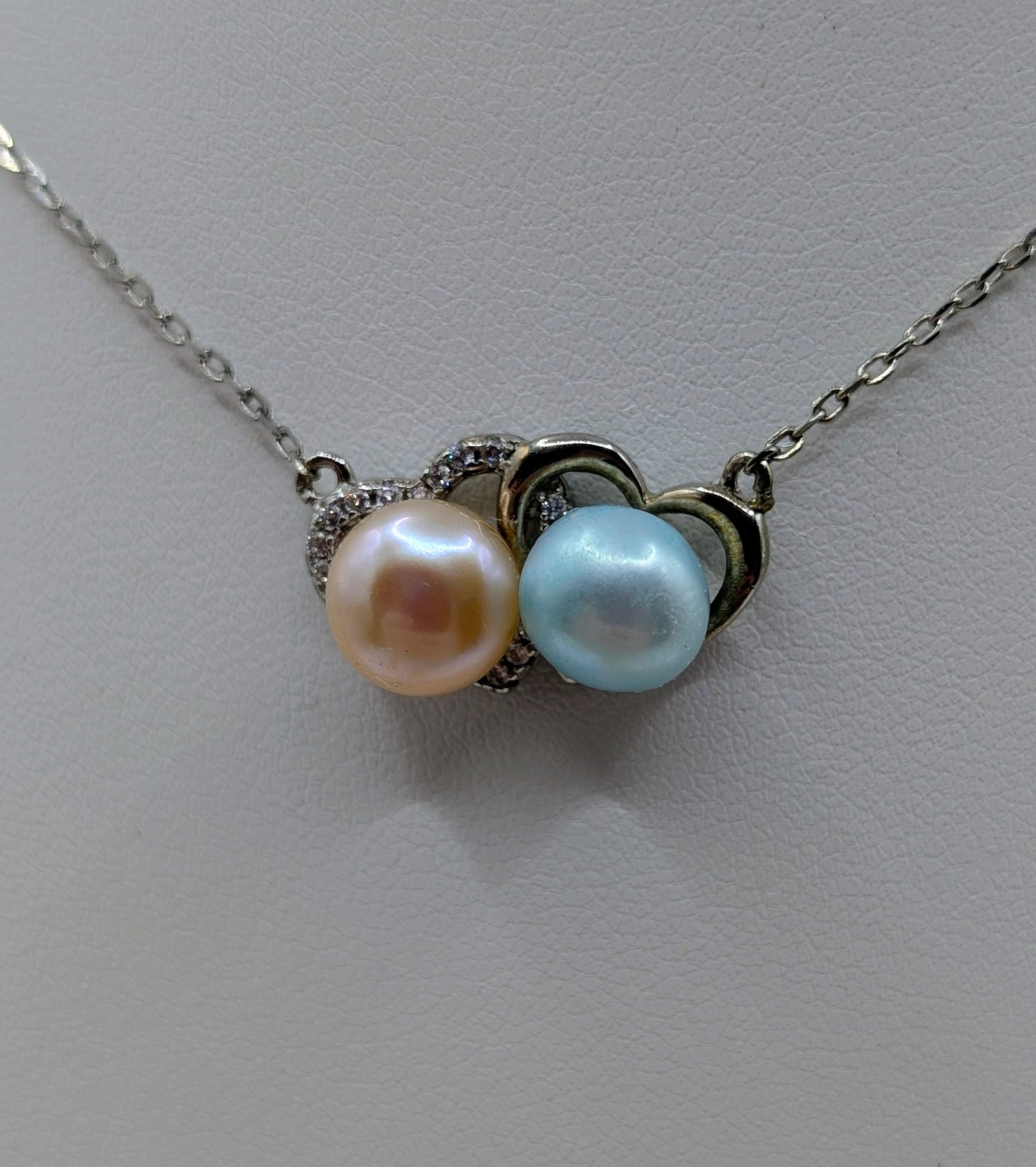 Double heart, double pearl necklace peach and blue pearls