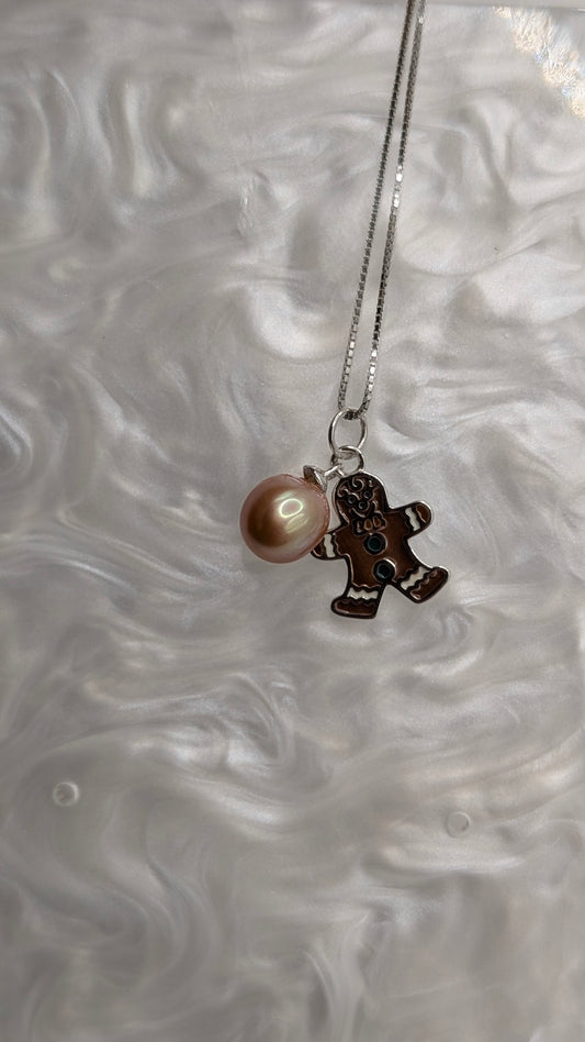 Golden champagne pearl gingerbread man pendant necklace