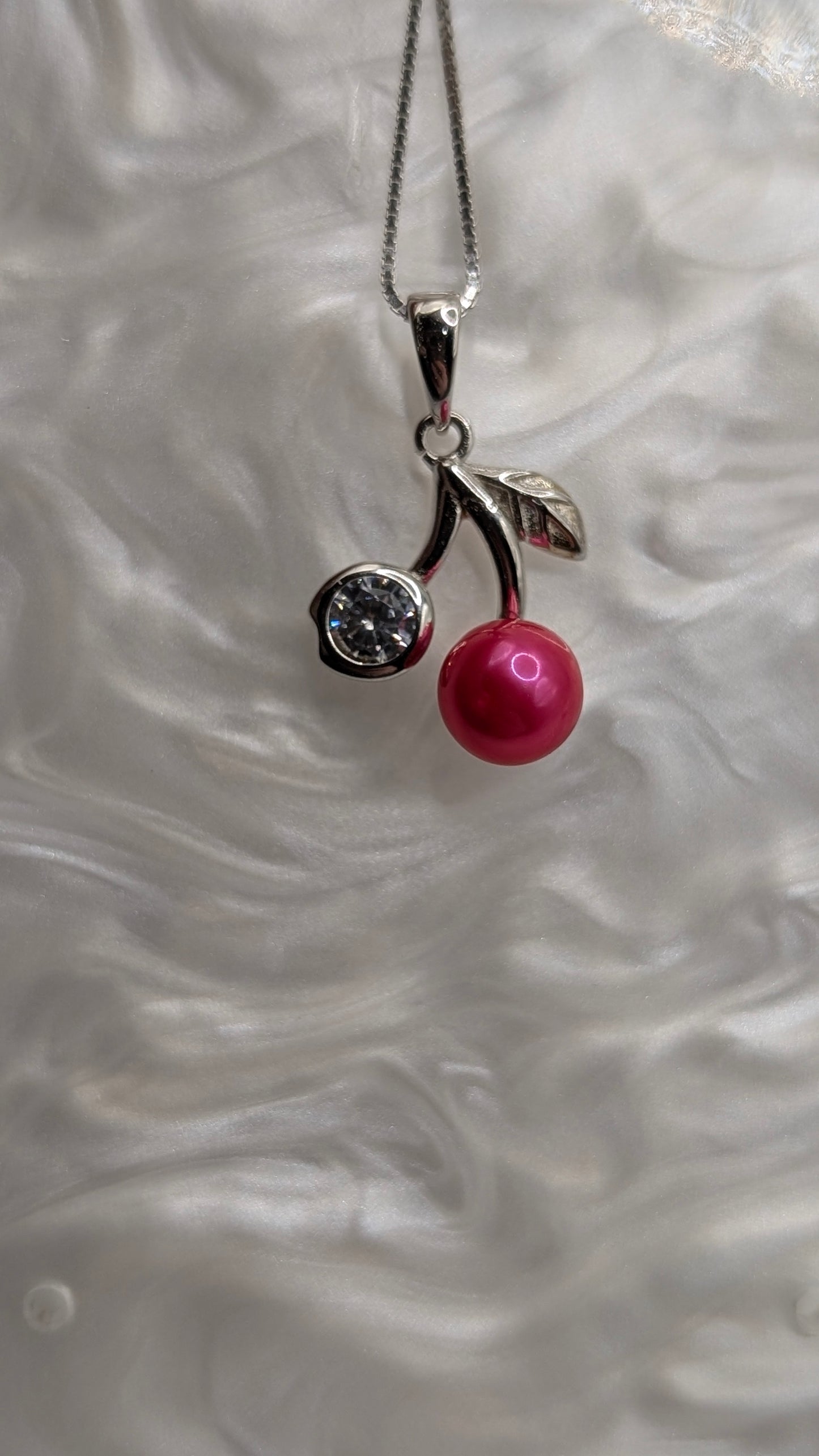 Dark pink pearl cherry pendant necklace