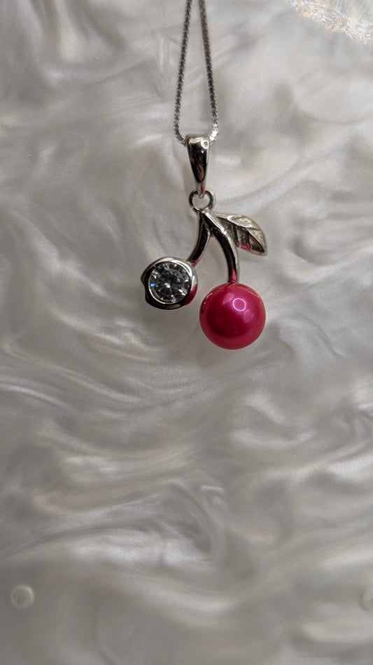 Dark pink pearl cherry pendant necklace