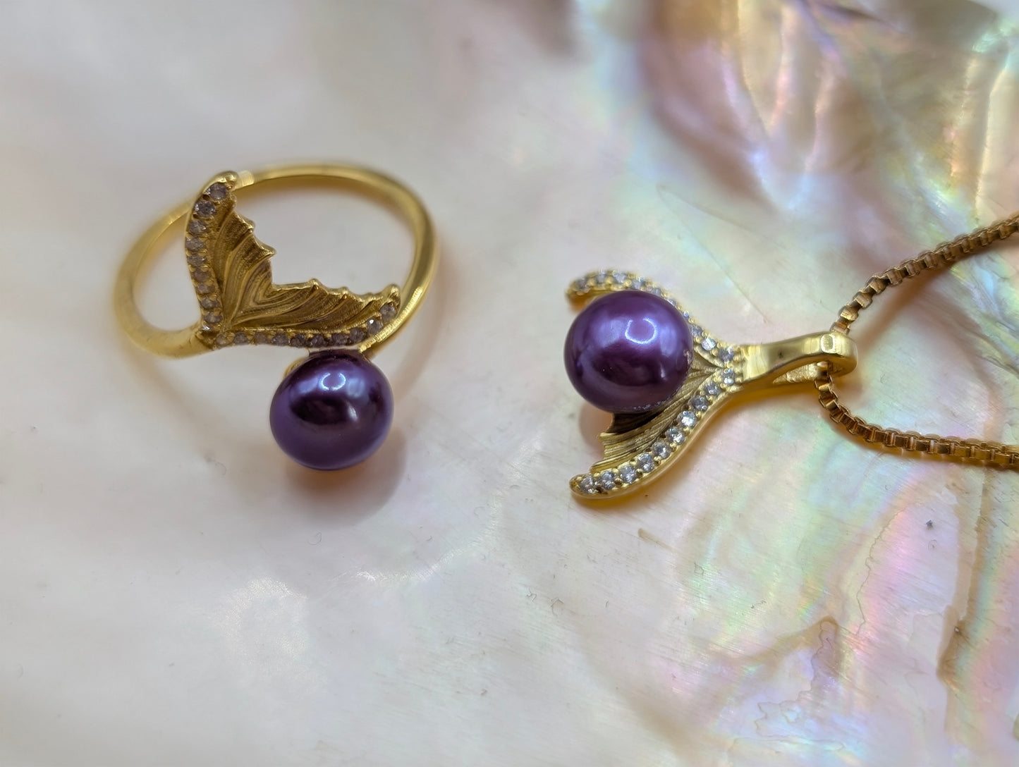 Gold mermaid tail ring and pendant set with matching purple pearls
