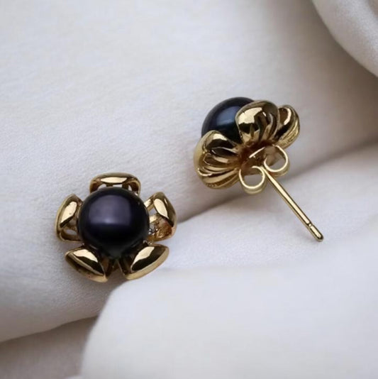 Dark Blue/black pearl gold peony earrings