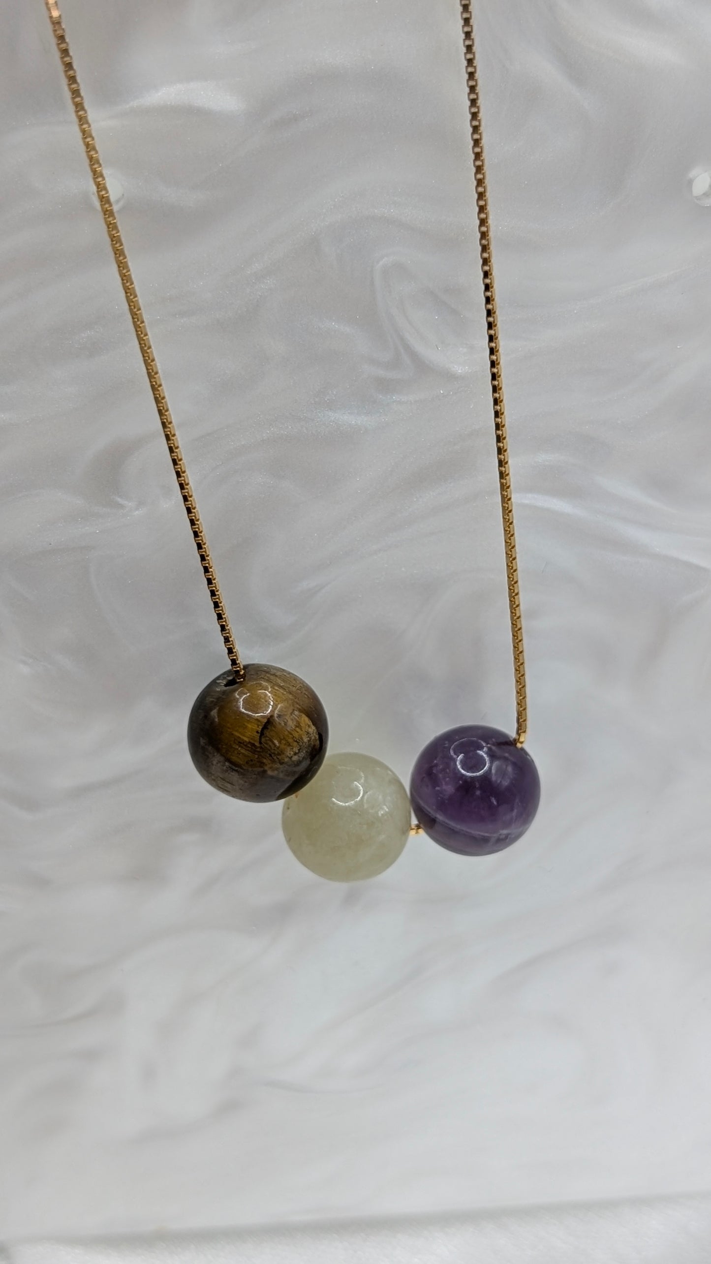 Threader Necklace with tigers eye, amethyst and morganite gem balls