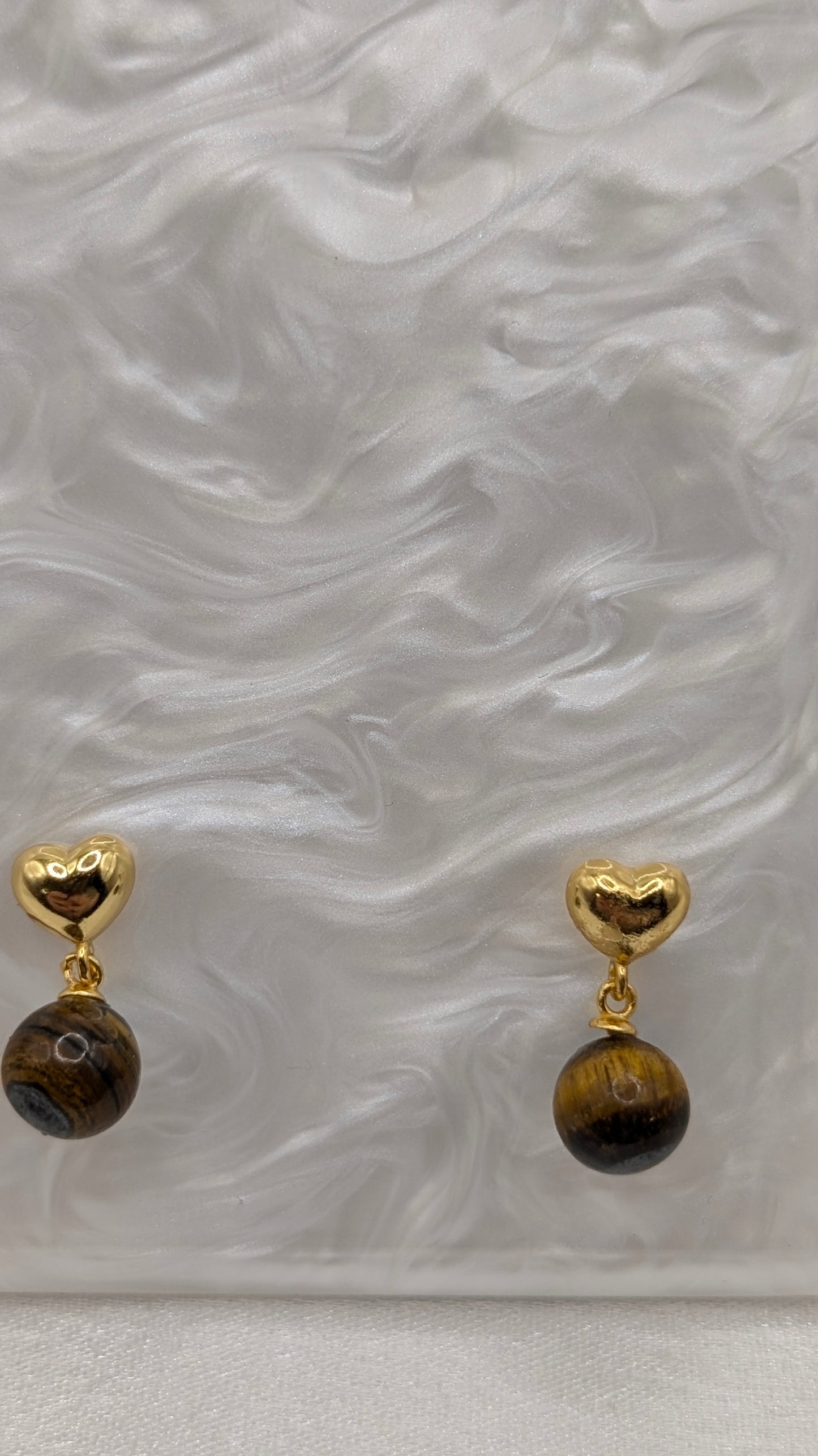 Gold heart drop earrings with genuine tigers eye gem ball