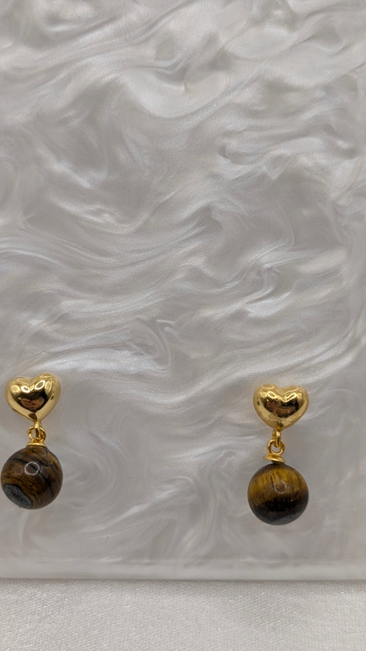 Gold heart drop earrings with genuine tigers eye gem ball
