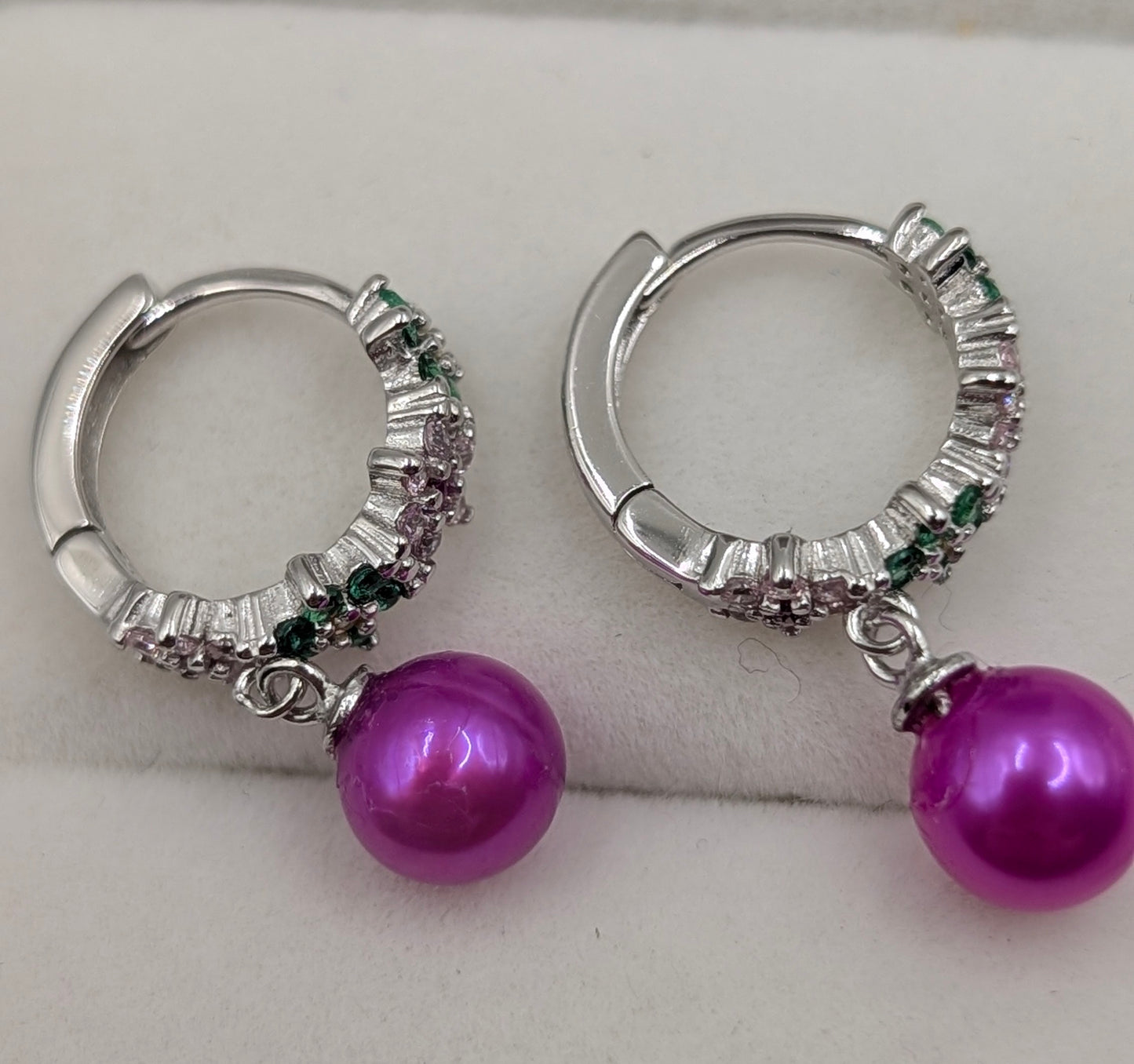 Green and pink flower huggy earrings with pink pearl dangle