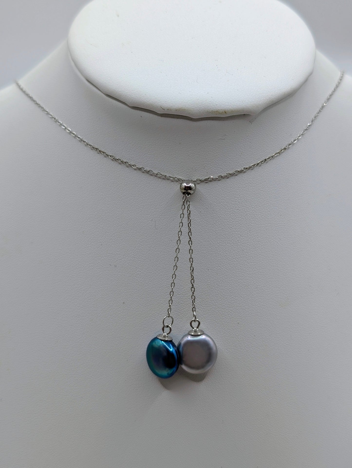 Double coin drop necklace 2tone blue-purple and silver