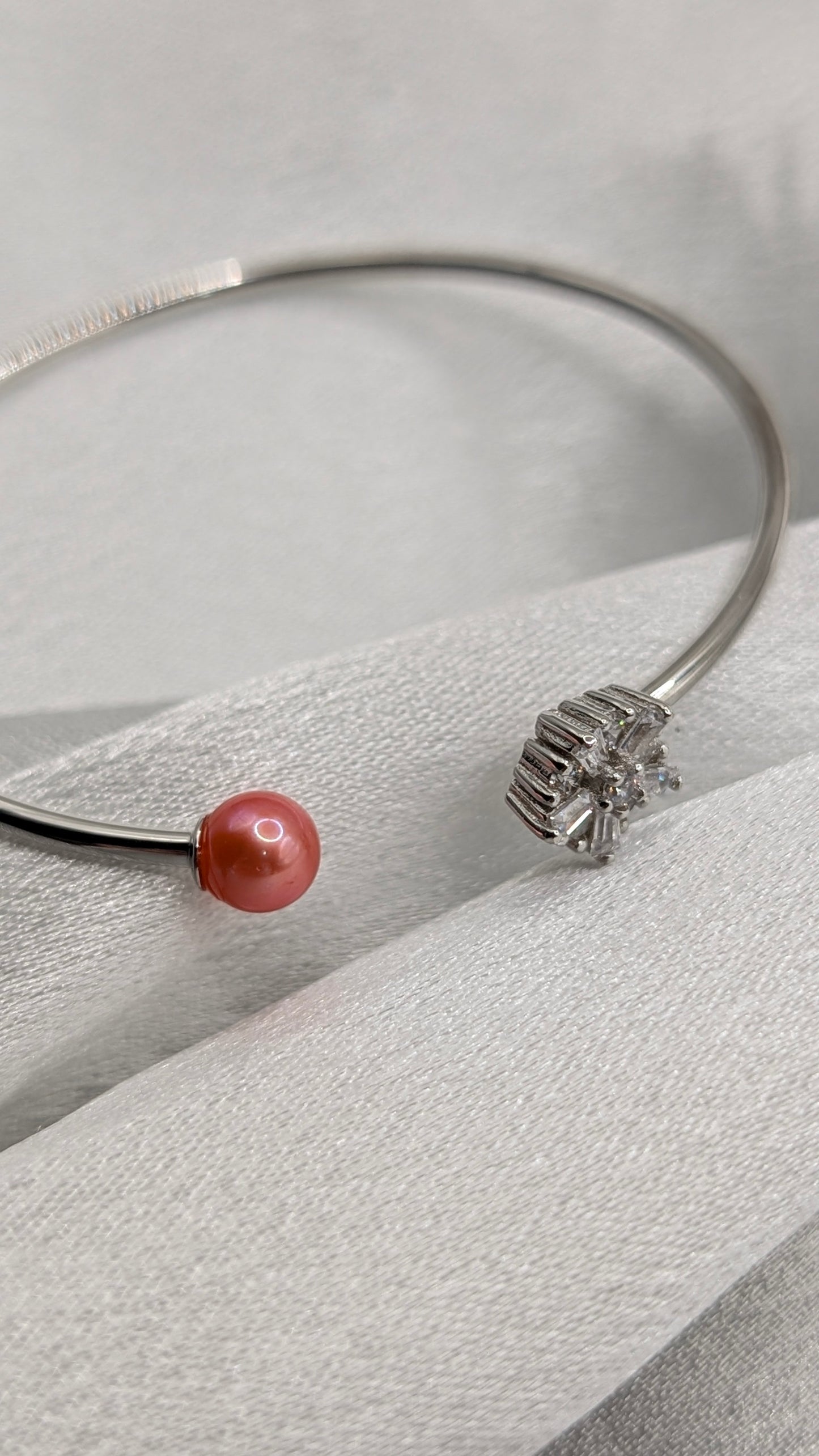 Coral pearl silver flower bangle
