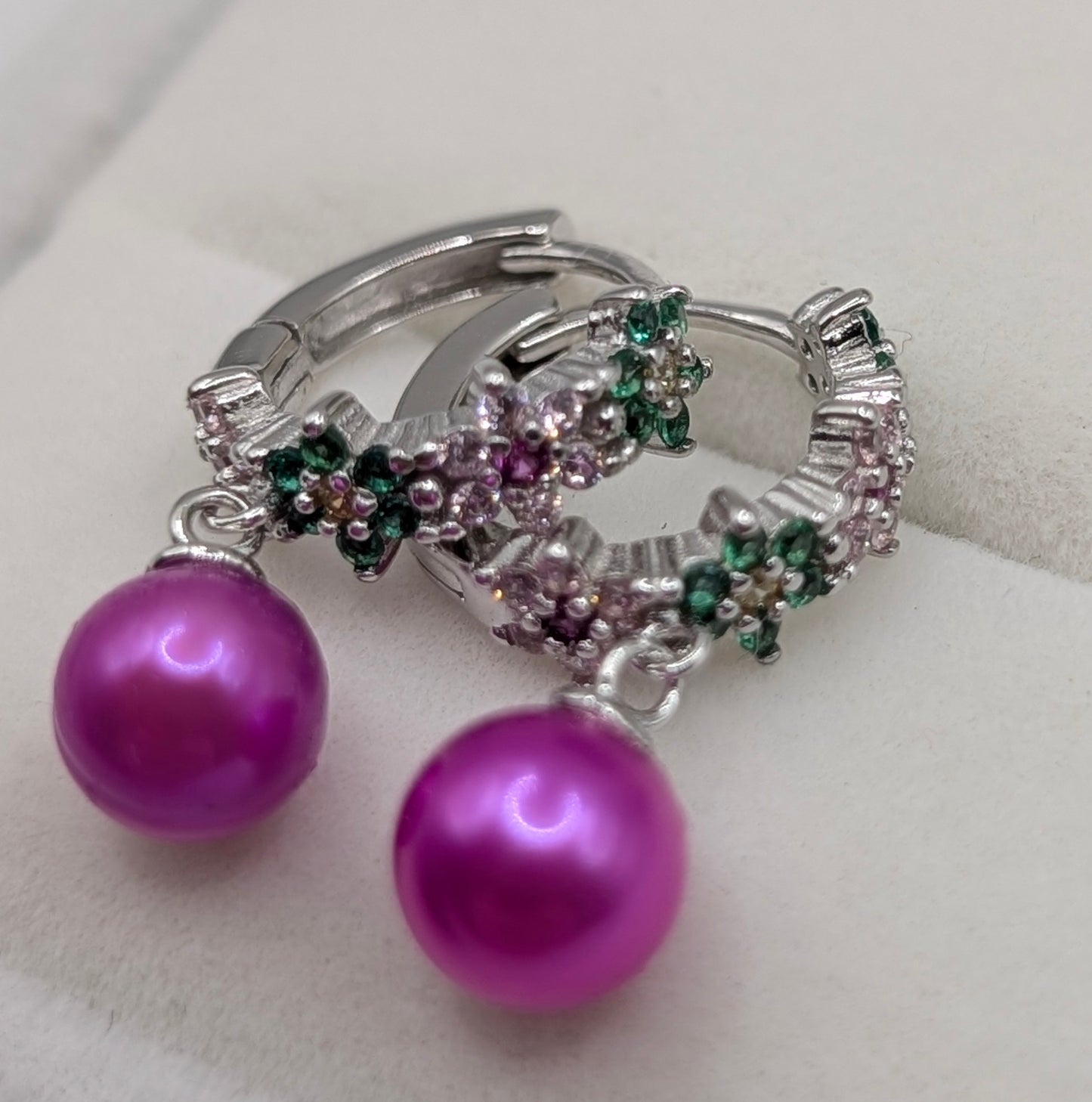 Green and pink flower huggy earrings with pink pearl dangle