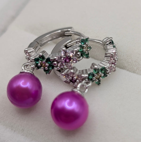 Green and pink flower huggy earrings with pink pearl dangle