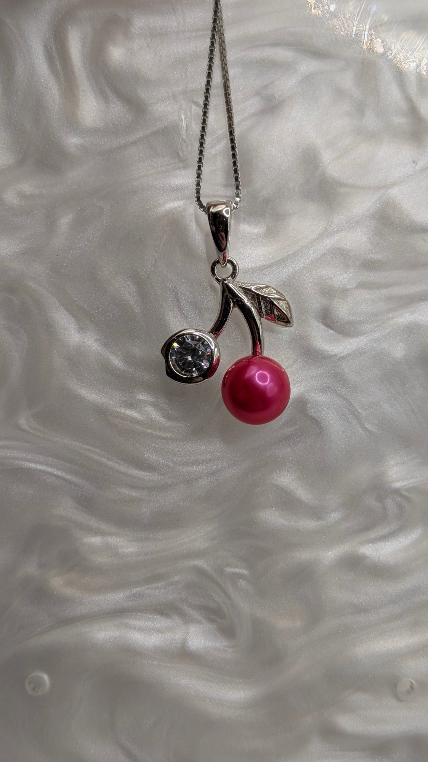 Dark pink pearl cherry pendant necklace