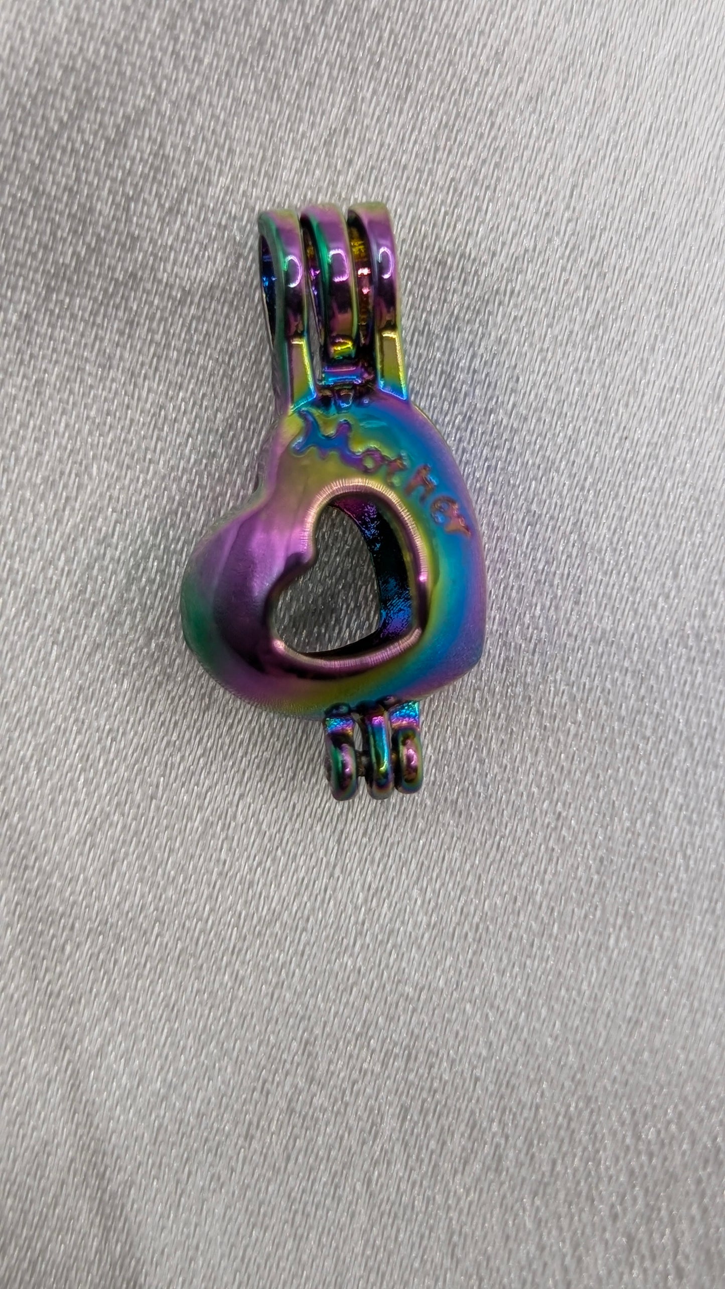 Rainbow Mother heart cage, sterling silver chain and pearl