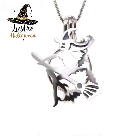 Witch on a broom cage pendant