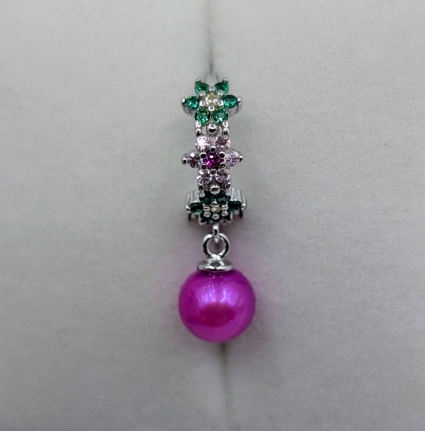 Green and pink flower huggy earrings with pink pearl dangle