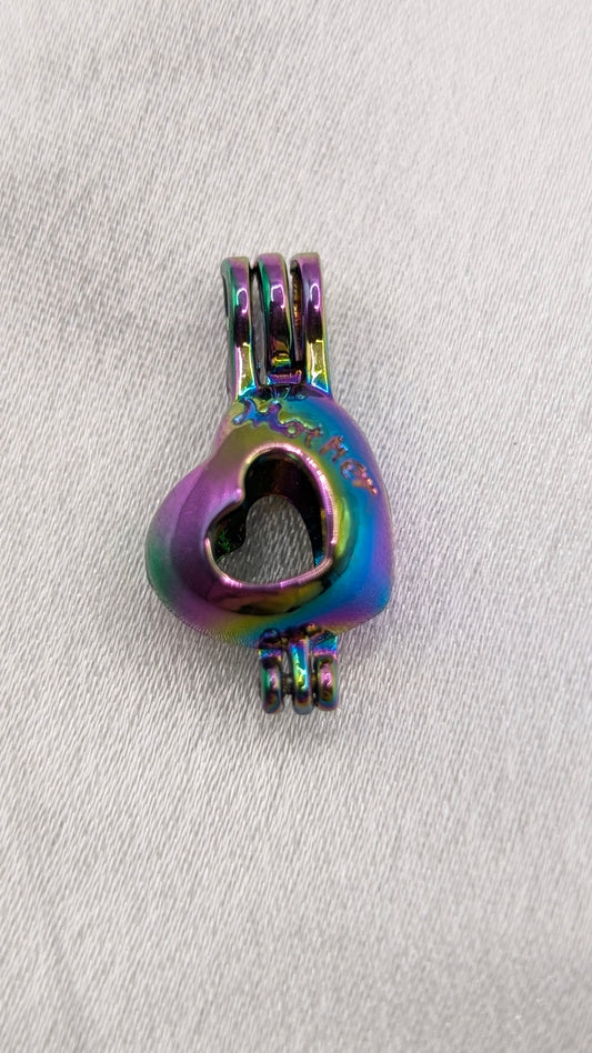 Rainbow Mother heart cage, sterling silver chain and pearl