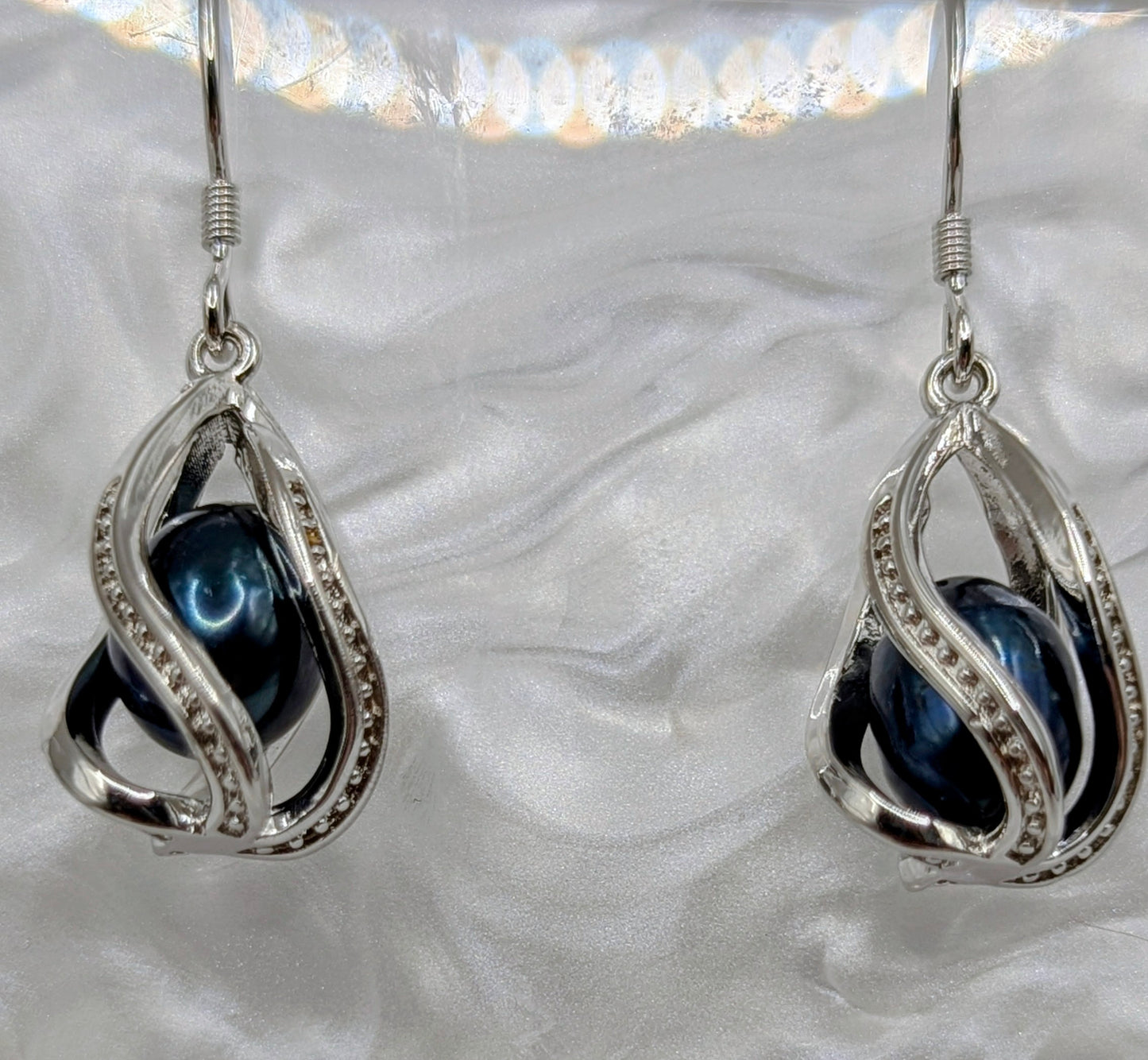 Sterling silver cage earrings with free dark blue twin pearls