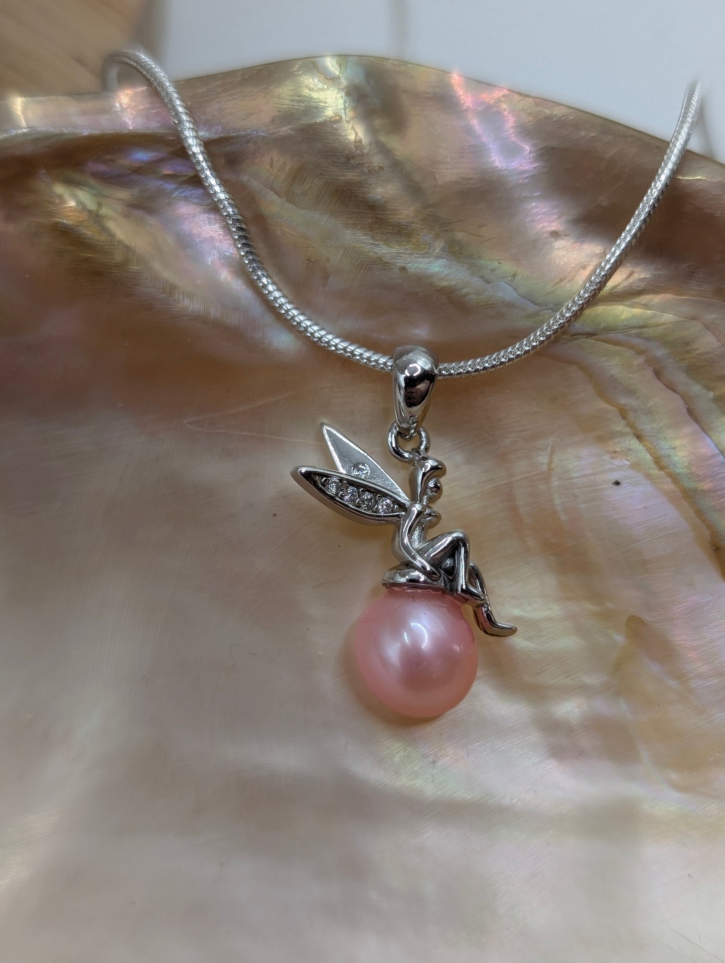 Garden fairly pendant with baby pink pearl