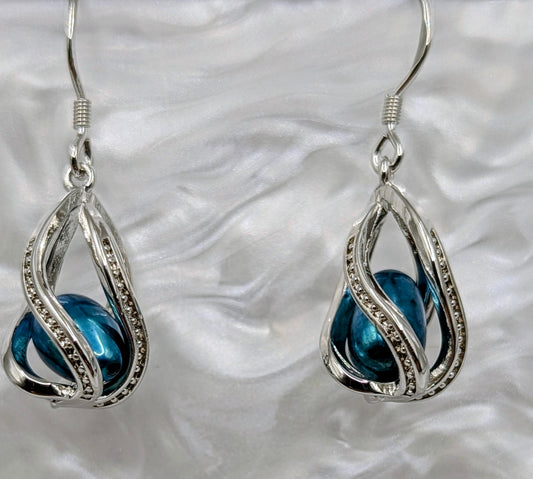 Sterling silver cage earrings with free teal twin pearls