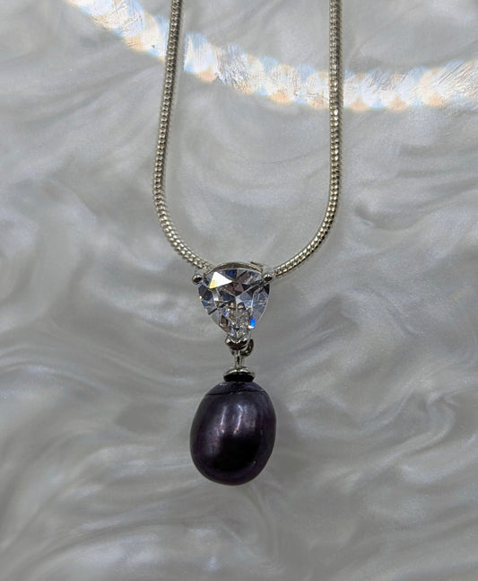 Smoky Aubergine pearl on Zirconia drop necklace