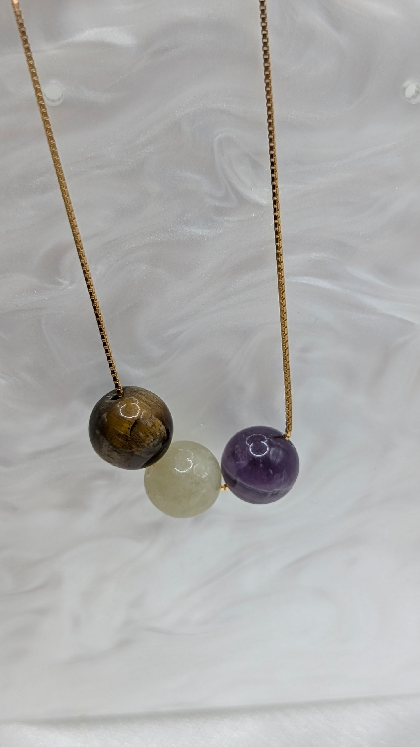 Threader Necklace with tigers eye, amethyst and morganite gem balls