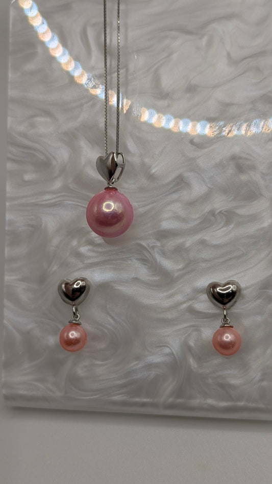 baby pink heart drop set, edison necklace and pearl earrings