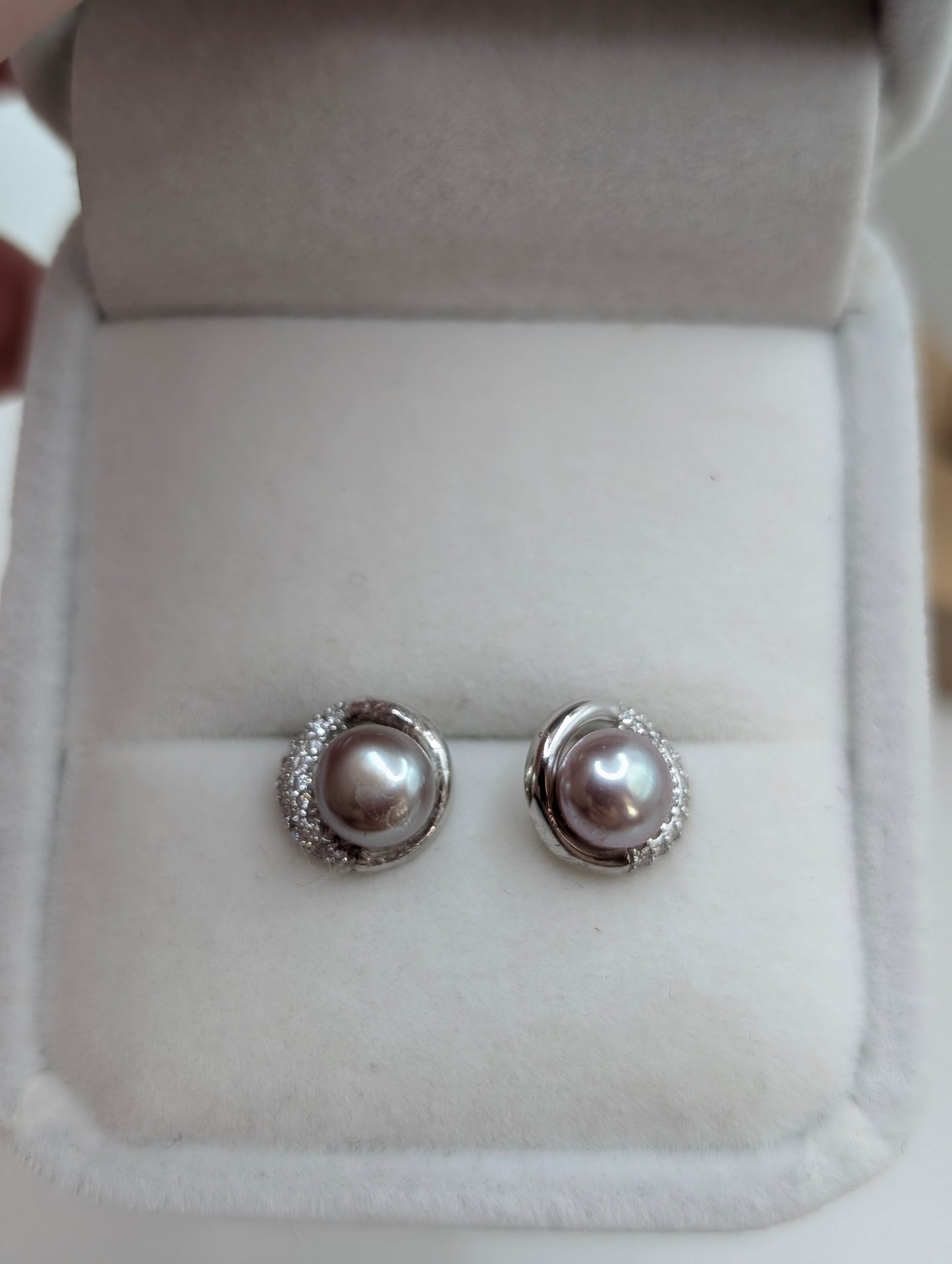 Round earrings with cz decor and classic lavender button pearls
