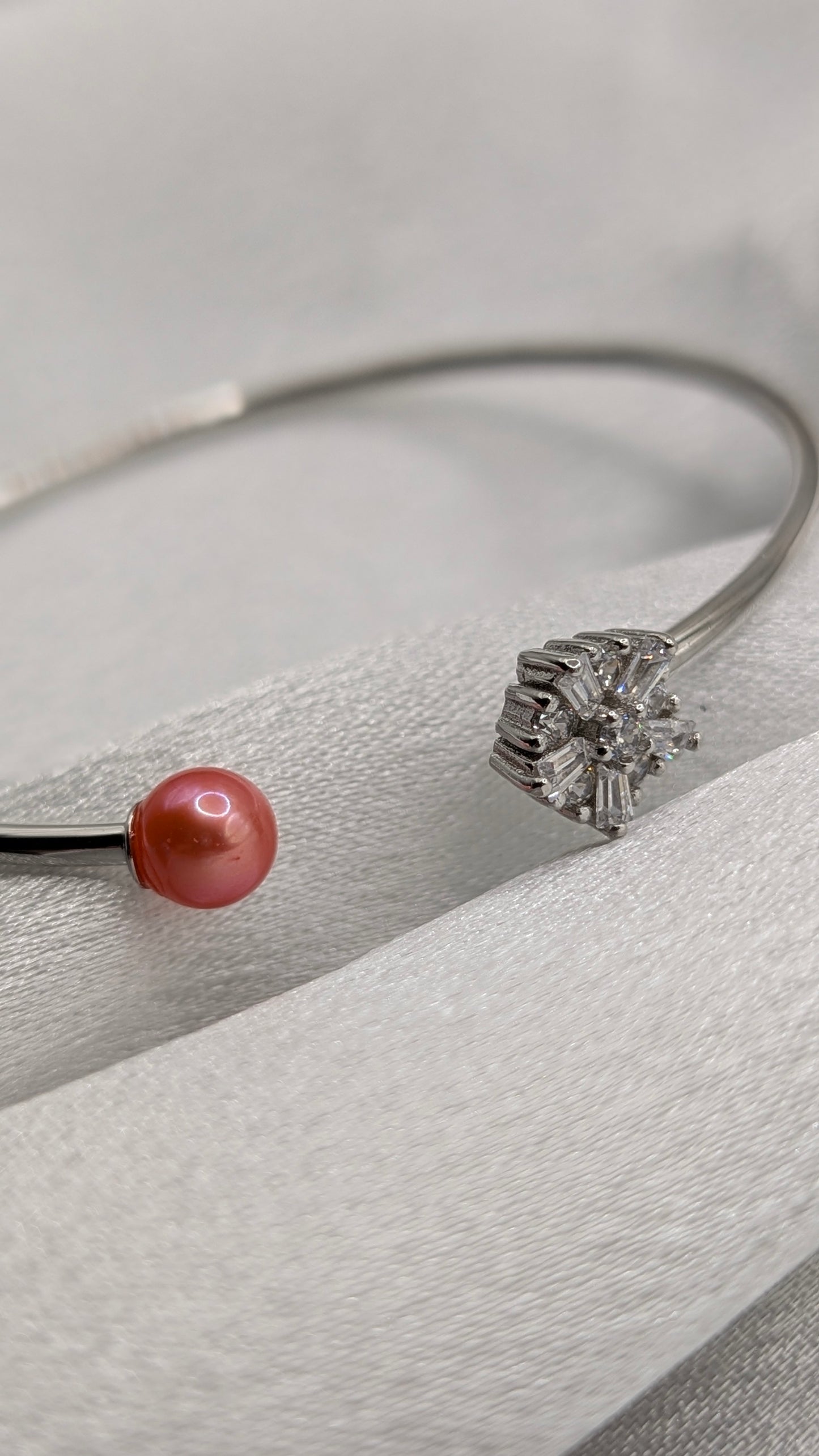 Coral pearl silver flower bangle